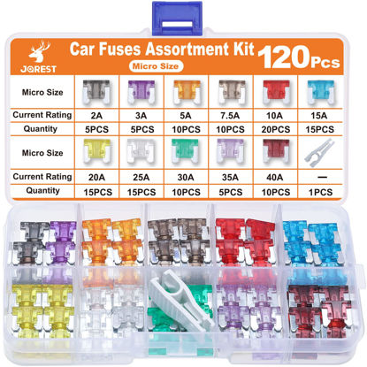 Picture of JOREST 120Pcs Car Fuse Kit - Replacement Fuses Assortment Kit for Car/RV/Truck/Motor (2Amp 3A 5A 7.5A 10A 15A 20A 25A 30A 35A 40A) - Micro Blade Fuses Automotive (Low Profile Mini Fuse) +1Fuse Puller