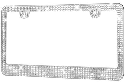 Picture of HOTOR License Plate Frame - Lastingly Bling License Plate Holder, Sparkly License Plate Frame for Women, Stainless Steel & Obstruction-Free License Plate Frame with Multifaceted Rhinestones White