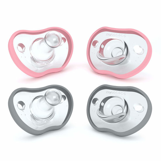 Picture of Nanobebe Baby Pacifiers 0-3 Month - Orthodontic, Curves Comfortably with Face Contour, Award Winning for Breastfeeding Babies, 100% Silicone - BPA Free. Baby Registry Gift 4pk,Pink/Grey