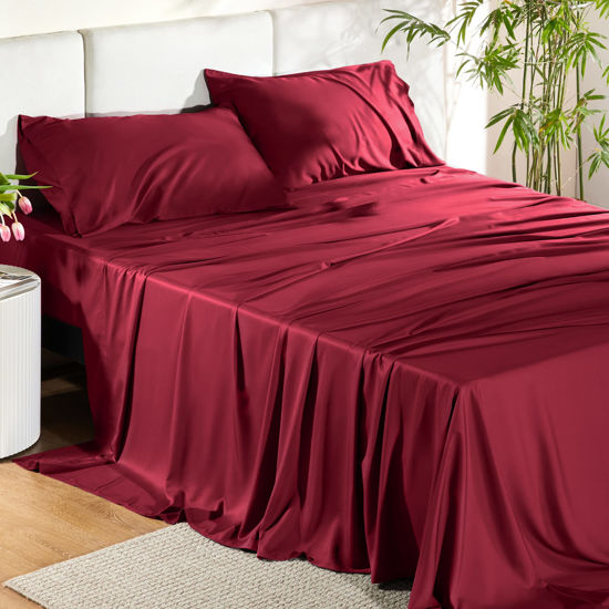 Picture of Bedsure Cooling Sheets Set, Rayon Made from Bamboo, King Size Sheets, Deep Pocket Up to 16", Hotel Luxury Silky Soft Breathable Bedding Sheets & Pillowcases, Burgundy