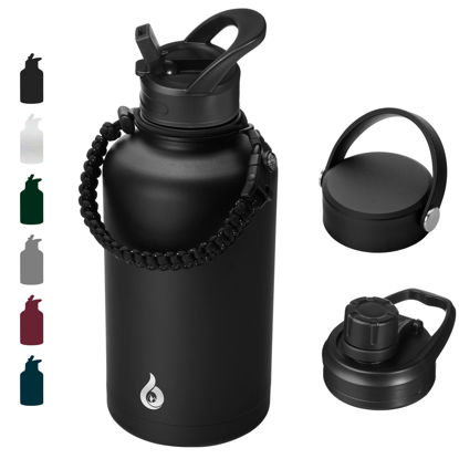 Picture of BJPKPK Half Gallon Insulated Water Bottles with Straw Lid,64oz Large Water Bottle,Stainless Steel Water Bottles with 3 Lids and Paracord Handle, Water Bottle for Hot & Cold Liquid, Black