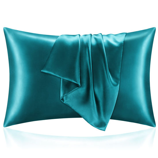 Picture of BEDELITE Satin Pillowcase for Hair and Skin, King Pillow Cases Set of 2 Pack, Super Soft Silky Teal Pillow Case with Envelope Closure (20x36 Inches)