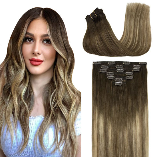 Picture of GOO GOO Hair Extensions Clip in Human Hair, Remy Walnut Brown to Ash Brown and Bleach Blonde Clip in Human Hair Extensions 7pcs 120g 18 Inch Natural Real Hair Extensions for Women