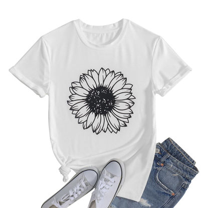 Picture of GLIGLITTR Women's Summer Sunflower T Shirt Cute Flower Graphic Loose Tees Crew Neck Short Sleeve Casual Tops(White-B,X-Large)