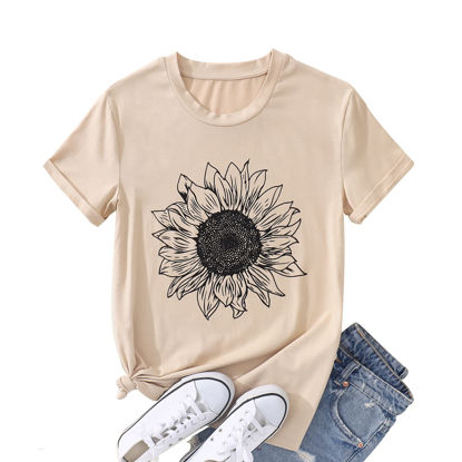 Picture of GLIGLITTR Women's Summer Sunflower T Shirt Cute Flower Graphic Loose Tees Crew Neck Short Sleeve Casual Tops (Khaki, XX-Large)