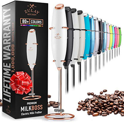 Picture of Zulay Powerful Milk Frother Handheld Foam Maker for Lattes - Whisk Drink Mixer for Coffee, Mini Foamer for Cappuccino, Frappe, Matcha, Hot Chocolate by Milk Boss (Exec White with Rose Gold Stand)