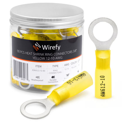 Picture of Wirefy 90 PCS Heat Shrink Ring Terminals 3/8" - Marine Grade Ring Connectors - Eyelet Wire Connectors - Yellow 10-12 AWG