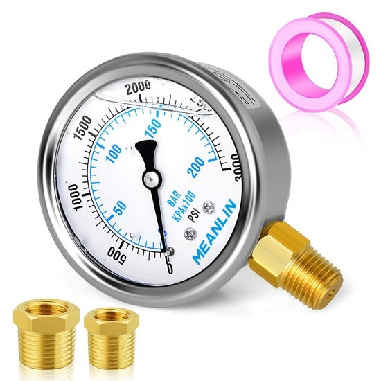 Picture of MEANLIN MEASURE 0~3000Psi Stainless Steel 1/4" NPT 2.5" FACE DIAL Liquid Filled Pressure Gauge WOG Water Oil Gas Lower Mount