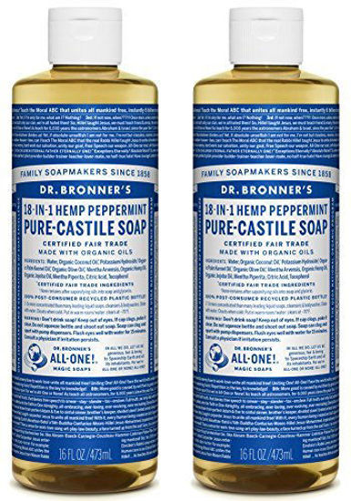 Picture of Dr. Bronner's - Pure-Castile Liquid Soap (Peppermint, 16 ounce, 2-Pack) - Made with Organic Oils, 18-in-1 Uses: Face, Body, Hair, Laundry, Pets and Dishes, Concentrated, Vegan, Non-GMO