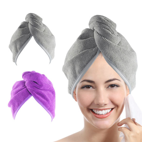 Picture of YoulerTex Microfiber Hair Towel Wrap for Women, 2 Pack 10 inch X 26 inch, Super Absorbent Quick Dry Hair Turban for Drying Curly, Long, Thick Hair(Purple+Gray) …