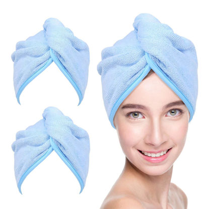 Picture of YoulerTex Microfiber Hair Towel Wrap for Women, 2 Pack 10 inch X 26 inch, Super Absorbent Quick Dry Hair Turban for Drying Curly, Long & Thick Hair (Blue) …