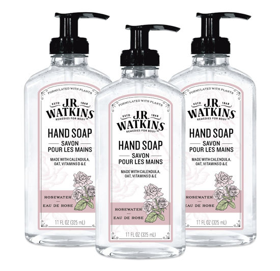 Picture of J.R. Watkins Gel Hand Soap With Dispenser, Moisturizing Hand Wash, All Natural, Alcohol-Free, Cruelty-Free, USA Made, Rosewater, 11 Fl Oz (Pack of 3)