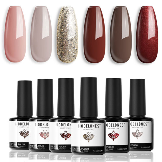 Picture of modelones Holiday Gel Nail Polish Set, 6 Colors Brown Dark Red Gel Polish Kit Glitter Champagne Gold Nude Pink Grey Nail Polish Gel, Soak OFF LED Manicure Nail Art DIY Home Salon Gift for Women