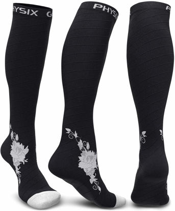 Picture of Physix Gear Compression Socks for Men & Women 20-30 mmhg, Best Graduated Athletic Fit for Running Nurses Shin Splints Flight Travel & Pregnancy - Boost Stamina Circulation - Grey Flower XXL