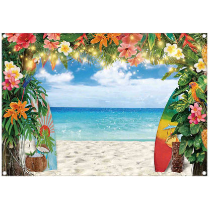 Picture of YCUCUEI 7x5ft Fabric Summer Hawaiian Beach Photography Backdrop Tropical Flower Palm Leaves Surfboard Background Aloha Luau Decorations Photo Banner