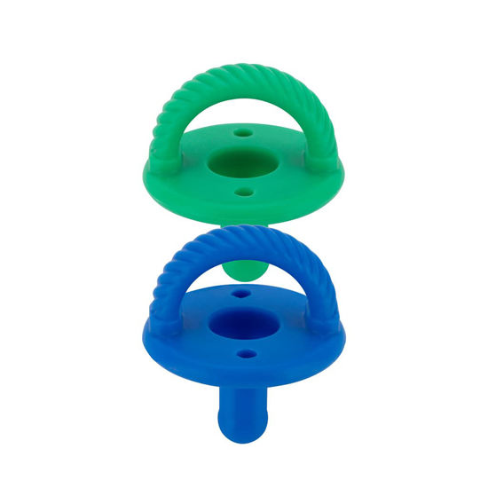 Picture of Itzy Ritzy Sweetie Soother Pacifier Set of 2 - Silicone Newborn Pacifiers with Collapsible Handle & Two Air Holes for Added Safety; Set of 2 in Hero Blue/Clover, Ages Newborn & Up