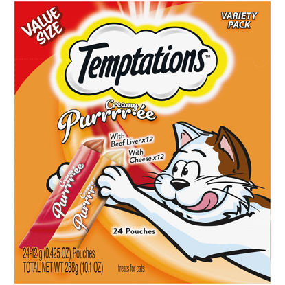 Picture of Temptations Creamy Puree with Beef Liver and Cheese, Variety Pack of Lickable Cat Treats, 0.42 oz Pouches, 24 Count