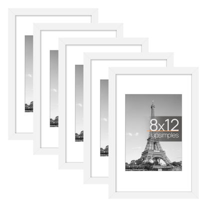 Picture of upsimples 8x12 Picture Frame Set of 5,Display Pictures 6x8 with Mat or 8x12 Without Mat,Wall Gallery Photo Frames, White