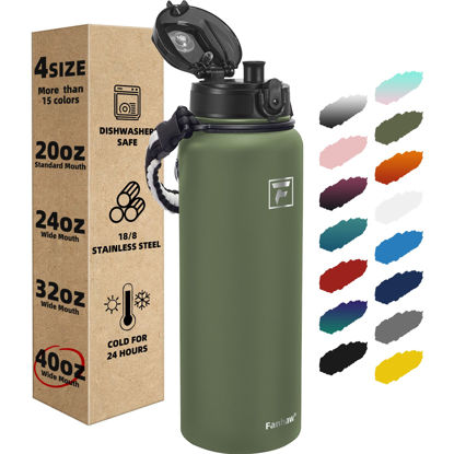 Picture of Fanhaw Insulated Water Bottle with Chug Lid - 40 Oz Double-Wall Vacuum Stainless Steel Reusable Leak & Sweat Proof Sports Water Bottle Dishwasher Safe with Anti-Dust Wide Mouth Lid (Olive Green)