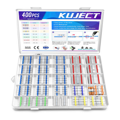 Picture of Kuject 400PCS Solder Seal Wire Connectors, 26-8 AWG Self-Solder Heat Shrink Butt Connector Solder Sleeve Waterproof Insulated Electrical Butt Splice Wire Terminals for Automotive Boat Truck