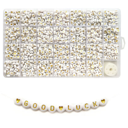 Picture of Looconi 1400 Pieces 4x7mm White Round Acrylic with Gold Alphabet Letter Beads A-Z Heart Pattern Beads and Crystal Line for Jewelry Making Bracelets Necklaces Key Chains