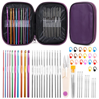 Picture of IMZAY 54 Pcs Crochet Needles Set, Crochet Hooks Kit with Purple Storage Case, Ergonomic Knitting Needles Blunt Needles Stitch Marker DIY Hand Knitting Craft Art Tools for Beginners