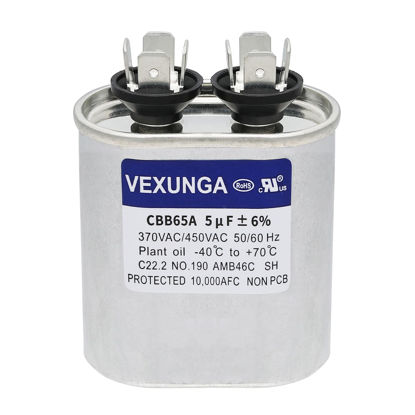 Picture of VEXUNGA 5uF 370/440VAC 50/60Hz CBB65 CBB65A Oval Run Start Capacitor 5 MFD 370V/440V Air Conditioner Capacitors for AC Unit Fan Motor Start or Pool Pump or Air Condenser Straight Cool