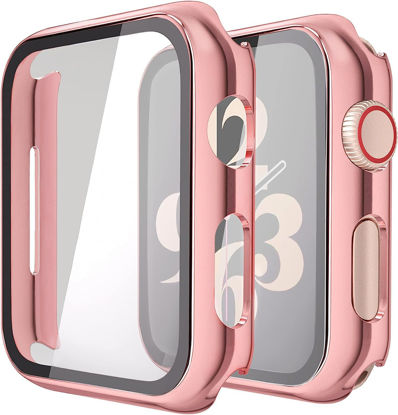 Picture of Misxi 2 Pack Hard PC Case with Tempered Glass Screen Protector Compatible with Apple Watch Series 6 SE Series 5 Series 4 44mm, 1 Rose Pink + 1 Transparent