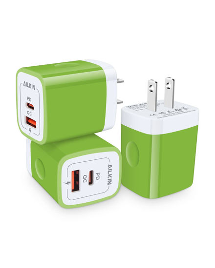 Picture of 3Pieces C Charger Block, AILKIN 20W PD + QC3.0 USB-C Wall Charger Dual Port Box Cube for iPhone, Samsung Galaxy, Motorola, LG, Google Pixel, Super Fast Charging USBC Brick Plug Power Adapter-Green