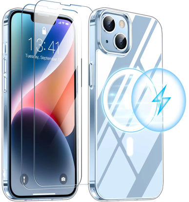 Picture of SPIDERCASE Clear Designed for iPhone 14 Case/iPhone 13 Case, Magnetic [2 Pcs Tempered Glass Screen Protector] [Military Grade Drop Protection] Slim Thin Cover