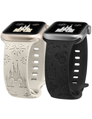 Picture of Girovo 2 Packs Cartoon Engraved Bands Compatible with Apple Watch Bands 41mm 40mm 38mm Women, Cute Anime Designer Soft Silicone Strap for iWatch Series 8/7/6/5/4/3/2/1/SE/Ultra, Starlight & Black