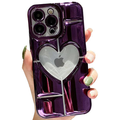 Picture of Casechics Compatible with iPhone Case,Luxury Electroplated Heart Shpae Hollow Camera Lens Protection Soft Shockproof Cover Phone Case (Purple,iPhone 14 Pro Max)