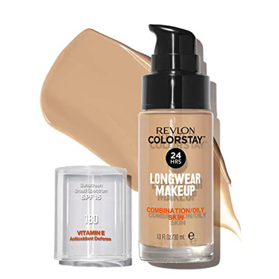 Picture of Revlon Liquid Foundation, ColorStay Face Makeup for Combination & Oily Skin, SPF 15, Longwear Medium-Full Coverage with Matte Finish, Sand Beige (180), 1.0 Oz