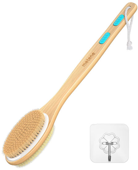 Picture of Metene Shower Brush with Soft and Stiff Bristles, Bath Dual-Sided Long Handle Back Scrubber Body Exfoliator for Wet or Dry Brushing