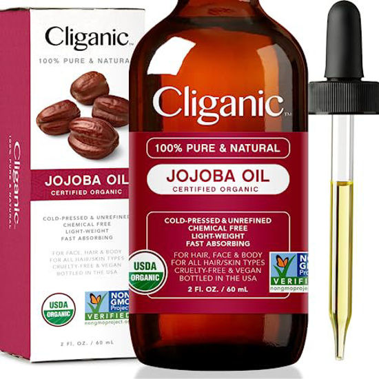 Picture of Cliganic USDA Organic Jojoba Oil, 100% Pure (2oz) | Natural Cold Pressed Unrefined Hexane Free Oil for Hair & Face | Base Carrier Oil