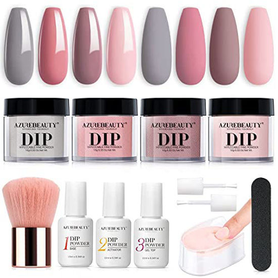 Picture of AZUREBEAUTY Dip Powder Nail Kit, 4 Colors Gentle Nude Pink Neutral Skin Dipping Powder System Liquid Set Recycling Tray with Base & Top Coat Activator for French Nail Art Manicure Salon DIY at Home