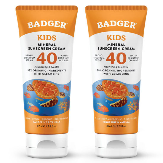 Picture of Badger Kids Sunscreen Cream SPF 40, Organic Mineral Sunscreen Kids Face & Body with Zinc Oxide, Reef Friendly, Broad Spectrum, Water Resistant, 2.9 fl oz (2 Pack)