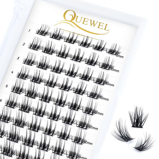 Picture of QUEWEL Cluster Lashes 72 Pcs Wide Stem Individual Lashes C/D Curl 8-16mm Length DIY Eyelash Extension False Eyelashes Fluffy02 Styles Soft for Personal Makeup Use at Home (Fluffy02-D-MIX8-16)