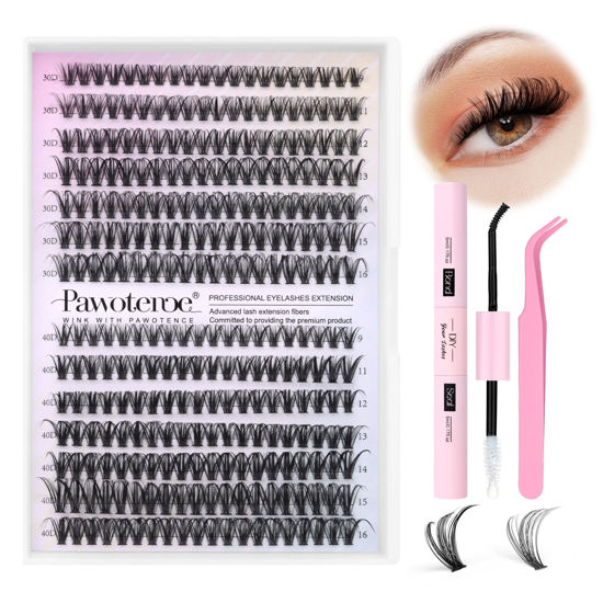 Picture of DIY Lash Extension Kit 280pcs Individual Lashes Cluster D Curl Eyelash Extension Kit 30D 40D 9-16mm Mix Lash Clusters with Lash Bond and Seal and Lash Applicator Tool for Self Application at Home (30D+40D-0.07D-9-16MIX KIT)