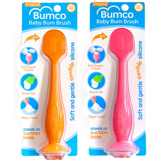 Picture of Bumco 2-PACK Diaper Cream Spatula - FULL-SIZE + MINI Baby Bum Brush with TRAVEL CASE - Diaper Cream Applicator for Baby - Baby Necessities - Suitable for Aquaphor, Desitin - Orange & Pink