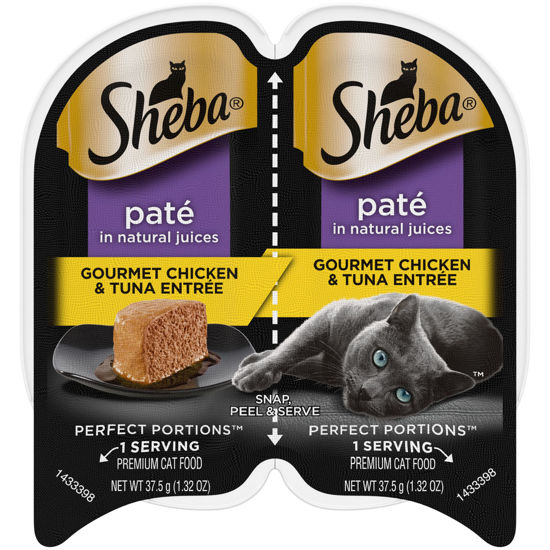 Picture of SHEBA PERFECT PORTIONS Paté Wet Cat Food Trays (24 Count, 48 Servings), Gourmet Chicken and Tuna Entrée, Easy Peel Twin-Pack Trays