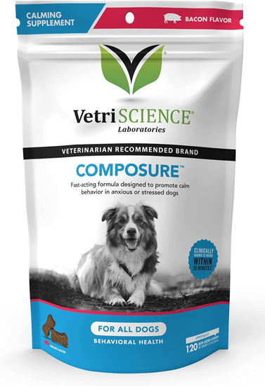 Picture of VETRISCIENCE Composure Clinically Proven Calming Chews for Dogs, Bacon, 120 Chews - Fast Acting Stress, Barking and Anxiety Relief for Dogs