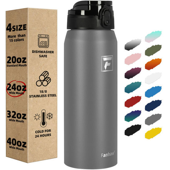 Picture of Fanhaw Insulated Water Bottle with Chug Lid - 24 Oz Double-Wall Vacuum Stainless Steel Reusable Leak & Sweat Proof Sports Water Bottle Dishwasher Safe with Anti-Dust Wide Mouth Lid (Gray)