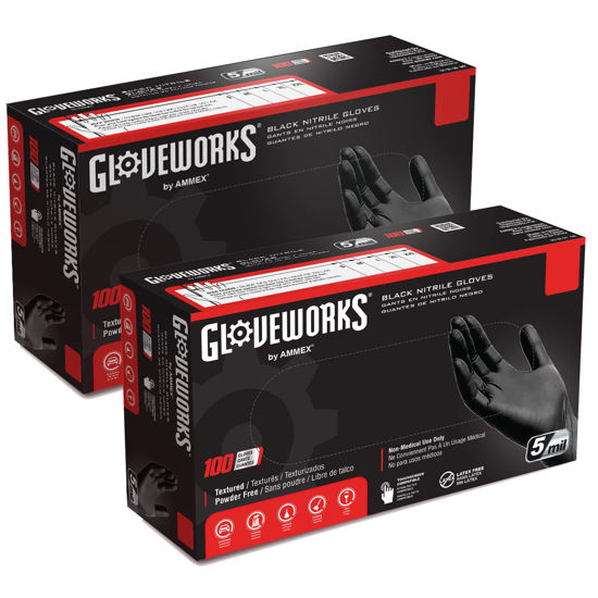 Picture of GLOVEWORKS Black Disposable Nitrile Industrial Gloves, 5 Mil, Latex & Powder-Free, Food-Safe, Textured, X-Large, Box of 100