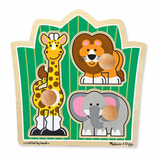 Picture of Melissa & Doug Jungle Friends Safari Animals Jumbo Knob Wooden Puzzle - Wooden Peg Chunky Baby Puzzle, Preschool Learning Puzzle, Wooden Puzzle Board For Toddlers Ages 1+