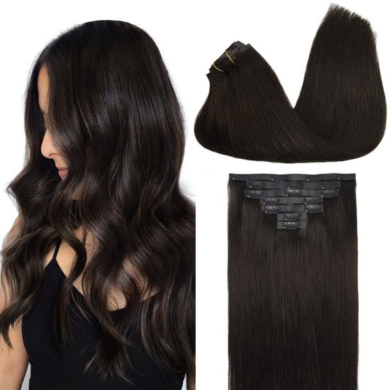 Picture of GOO GOO Seamless Clip In Hair Extensions Remy Real Human Hair Extension with Invisible PU Skin Weft 16 Inch 130g 7pcs Dark Brown Natural & Thick & Straight Hair Extensions for Women