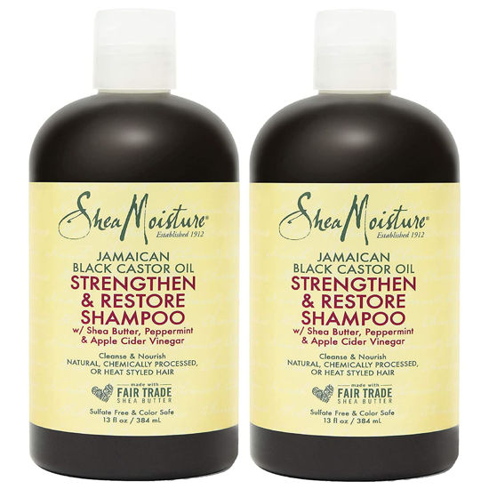 Picture of Shea Moisture Curly Hair Products, Strengthen & Restore Shampoo for Damaged Hair, 100% Pure Jamaican Black Castor Oil, Healthy Hair Growth, Cleanse & Nourish, Pack of 2 - 13 Oz Ea