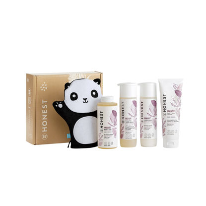 Picture of The Honest Company Sweet Almond Bathtime Essentials Bundle Shampoo + Body Wash, Conditioner, Face + Body Lotion, Bubble Bath, Panda Bath Mitt Naturally Derived, Tear-Free, Hypoallergenic