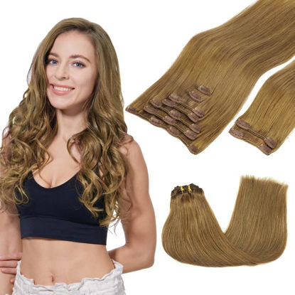 Picture of GOO GOO Clip-in Hair Extensions for Women, Soft & Natural, Handmade Real Human Hair Extensions, Ash Brown, Long, Straight 8C#, 9pcs 150g 14inch