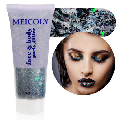 Picture of MEICOLY Black Body Glitter,Singer Concerts Music Festival Rave Accessories,Mermaid Face Glitter Gel,Sequins Glitter Face Paint,Chunky Glitter for Eye Lip Hair,Sparkling Holographic Gel for Women